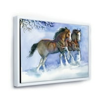 Konji koji zimi trče na platnu u plavom okviru, umjetnički tisak