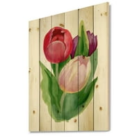 Designart 'Prekrasni tulipanski cvjetovi crveni i ružičasti' tradicionalni tisak na prirodnom borovom drvetu