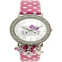 Služnica Silver Stone s visećim čarima, tiskani analogni sat, ružičasti remen s bijelim srcima