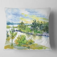 Jedinstveni jesenski šumski i jezero akvarel - pejzažni tiskani jastuk za bacanje - 18x18