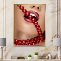 DesignArt 'Djevojka usta s crvenim ruž za usne ugrizeći crvene bisere' Moderno uokvireno platno zidne umjetničke