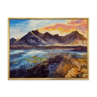 Dizajnerski crtež dojam ružičastog zalaska sunca nad planinama uz more s nautičkom i obalnom tematikom, uokvireni