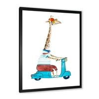 DesignArt 'Giraffe odjeven u kacigu i jahanje plavog skutera' Dječja umjetnost uokvirena umjetnički tisak