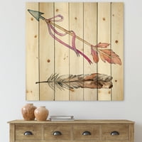DesignArt 'Pink Bird Feather od krila na strelici' Boemijski i eklektični otisak na prirodnom borovom drvetu