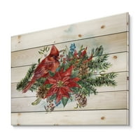 Dizajnirati 'božićna crvena kardinalna ptica i poinsettia' tradicionalni tisak na prirodnom borovom drvetu