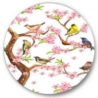 Dizajnerska umjetnost šarene ptice na drvetu proljetnog cvijeća Tradicionalni kružni metalni zidni umjetnički disk