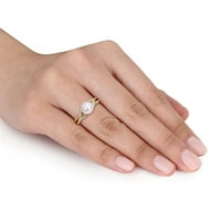 Ženski prsten od bijelog okruglog slatkovodnog bisera i dijamanta u 10k žutom zlatu s podijeljenom glavom