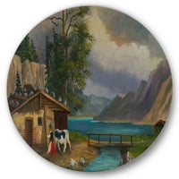 DesignArt 'Djevojka dovodi kravu u stabilnu na jezeru' Farmhouse Circle Metal Wall Art - Disk od 11