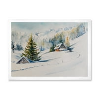 Dizajnerska umjetnost zimske planine s malom kućom tradicionalni uokvireni umjetnički tisak