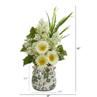 21in. Gerber Daisy, lila i travnat umjetni aranžman u cvjetnoj vazi
