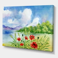 DesignArt 'Crveni tulipani na obali u blizini riječne planine' Lake House Canvas Wall Art Print