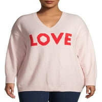Heart N 'Crush Women's Plus Size Ljubav Grafički džemper s V-izrezom