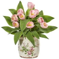 Gotovo prirodni tulipanski umjetni cvjetni aranžman u vazi cvjetnog dizajna, ružičasta