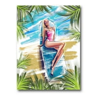Portret prekrasan plavokosi model na plaži Suncathing slikati platno umjetnički tisak